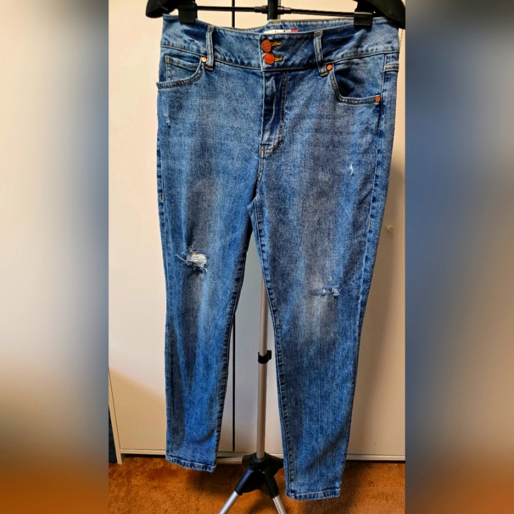 CAbi Blue Skinny Jeans with Distressed Details